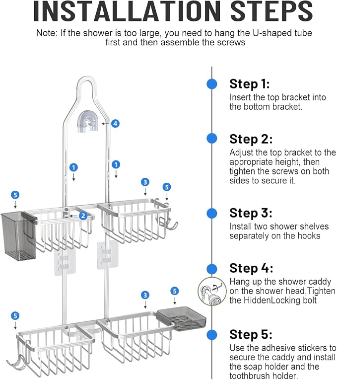 Adjustable Shower Caddy Hanging for Handheld Showerheads - Upgraded Never Rust Shower Hanging Organizer, Bathroom Shower Rack with Soap Basket, Hooks and Toothbrush Holder (Shiny Silver) - Image 8