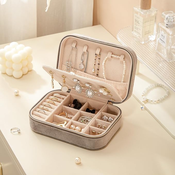 CASEGRACE Plush Velvet Travel Jewelry Box, Portable Jewelry Case for Women Girls, Double Layer Jewelry Organizer Display Box for Necklace Earring Rings Bracelet, Travel Accessory Gifts, Grey - Image 2