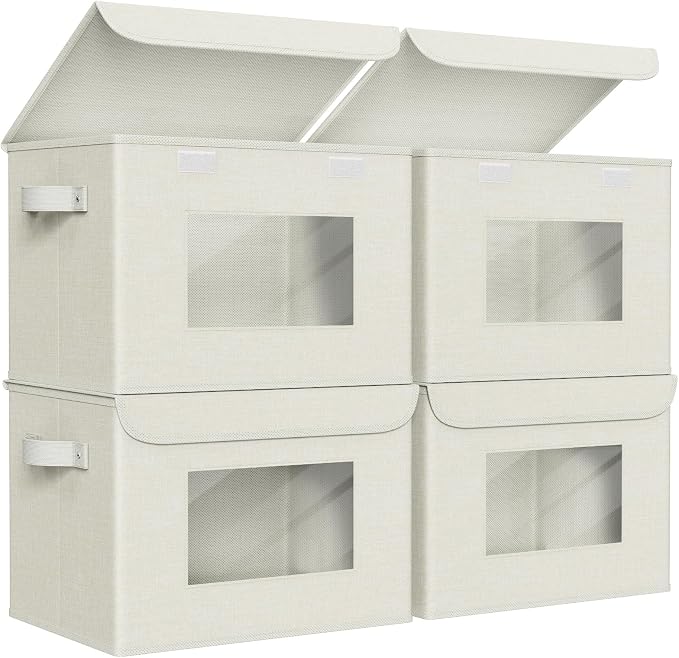 Univivi Fabric Foldable Storage Boxes with Lids [4-Pack] Collapsible Storage Bins for Clothes Closet Organizers with Handles Storage Cube Basket for Home, Office, Bedroom (Beige, 17"" x 12"" x 12"") by Univivi