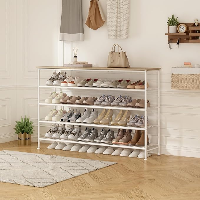 SUOERNUO Shoe Rack Organizer 5 Tier for Closet Entryway Free Standing Metal Storage Shoe Shelf with MDF Top Board (White+Oak, Large 5 Tier) - Image 5