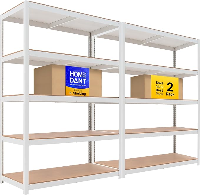 HOMEDANT House 48.1" W Deep 5 Tier Heavy Duty Garage Shelving Adjustable Metal Rack Storage Shelves Standing Shelf Unit Organizers Industrial Warehouse Basement White 2Pack by TheBestOrganizingSolution
