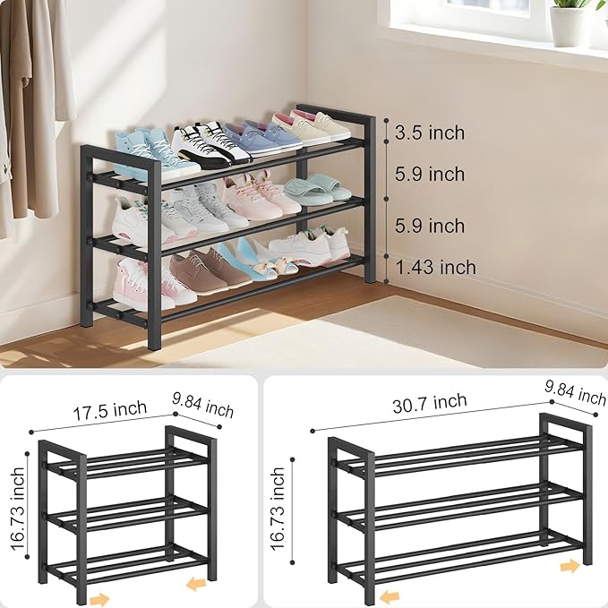 Detsuk 3-Tier Expandable Shoe Rack – Adjustable Heavy-Duty Metal Shoe Organizer Shelf for Closet, Entryway, Mudroom & Garage – Durable Freestanding Storage, Black - Image 2