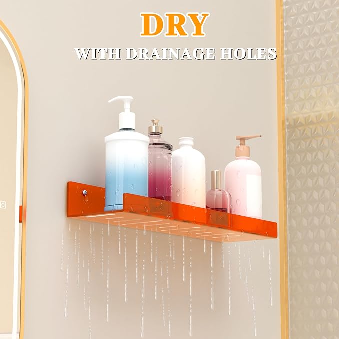 4 Pack Floating Shelves –15'' Orange Acrylic/PET Wall-Mounted No Drill Storage with Adhesive, Bathroom & Bedroom Shelving for Kitchen, Living Room, Home Decor - Image 8
