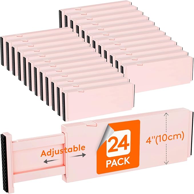 Lifewit 24 Pack Drawer Dividers 4" High 28-43.5cm/11-17" Adjustable Drawer Organizer for Clothes/Utensils, Expandable Drawer Separator in Dresser/Kitchen/Bedroom/Office Organization & Storage Pink by Lifewit