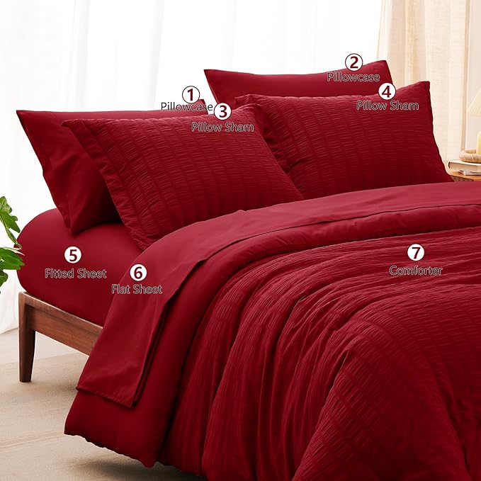 CozyLux Queen Comforter Set Dark Red Seersucker 7 Pieces Bed in a Bag Queen Comforter Set with Sheets, Luxury Soft Bedding Sets with Down Alternative Comforter, Sheets, Pillowcases & Shams All Seasons