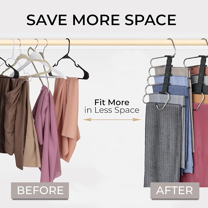 MORALVE Pants Hangers Space Saving - 2 Pack - Non-Slip Multi-Layer Space Saving Hangers - Multifunctional Clothing Rack for Closet Storage - Ideal for Jeans, Trousers, Skirts, Scarves & Slacks (Black) - Image 2
