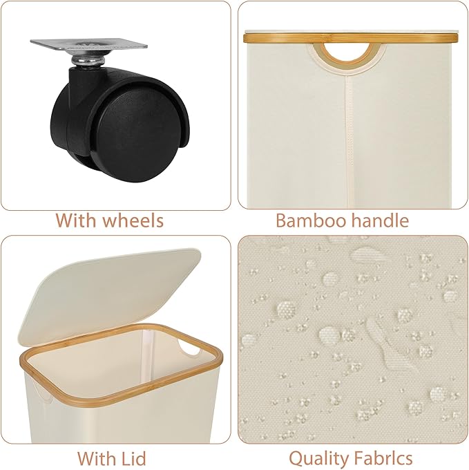Laundry Basket with Wheels,100L Hampers for Laundry,Large Laundry Hamper with Lid and Bamboo Handles,Collapsible & Waterproof Tall Cloth Hamper for Dormitory Family，Beige - Image 2