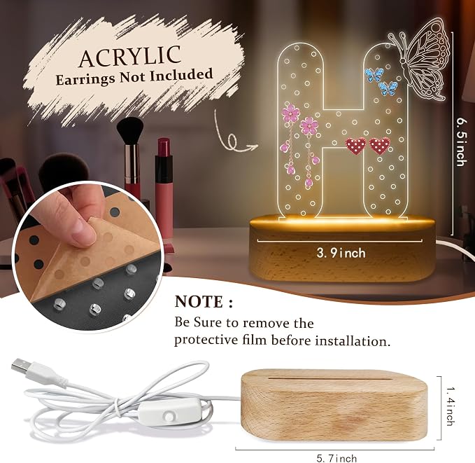 COSHAYSOO Earring Holder Organizer Initial Acrylic with Butterfly Decorations House Warming Gifts New Home Vanity Desk Dressing Table Jewelry Storage, LED Night Light Room Bedroom Decor Letter H - Image 2