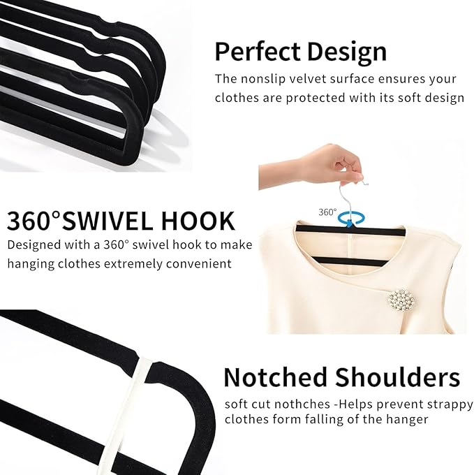 Velvet Hangers Non Slip - 20 Pack Pants Hangers for Closet - Thin Space Saving Clothes Hanger - Strong, Durable, Jean Perchas with 360 Degree Rotatable Hook for Tank Top (Black Silver Hook) - Image 2