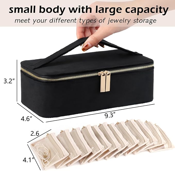 HofferRuffer Jewelry Box Organizer for Women Girls, Travel Jewelry Case with Portable Zipper Bags, Jewelry Storage Ideal for Travel & Home Organization (12pcs-Black Velvet) - Image 2