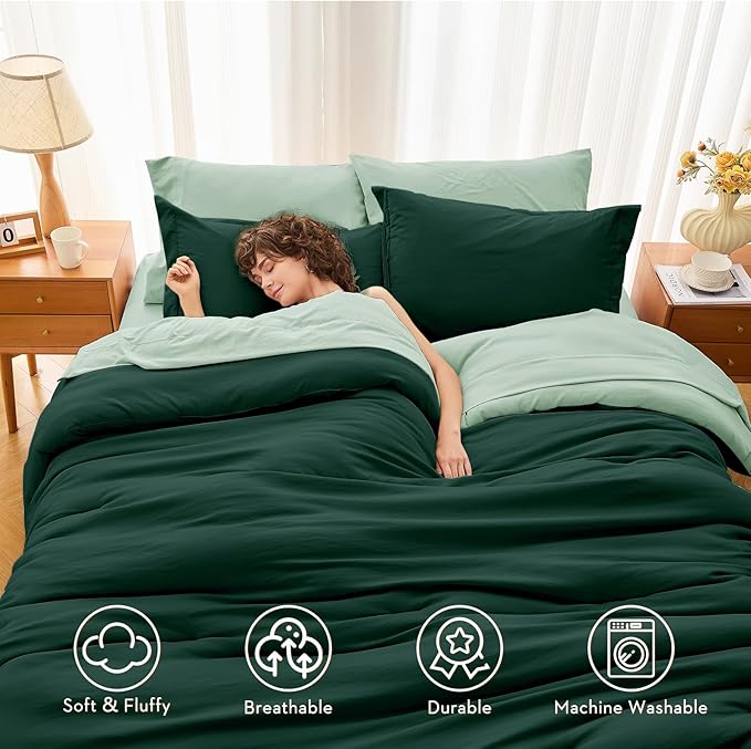 MUXHOMO 7 Pieces Queen Comforter Set, Soft Bed in a Bag Queen Size, All Season Bedding Set with Comforter, Flat Sheet, Fitted Sheet, Pillowcases & Shams, Forest Green & Sage Green