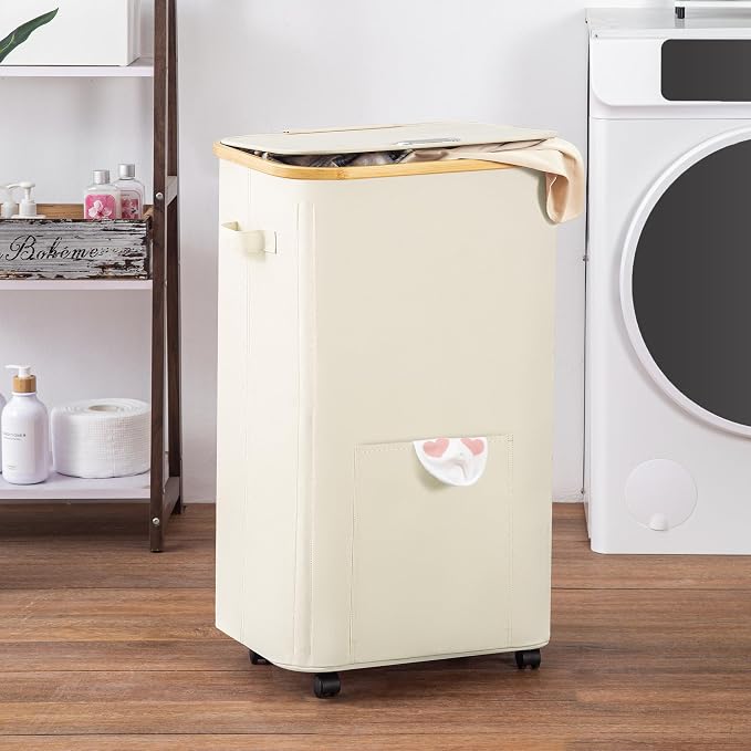 Vincona Laundry Basket with Wheels, Tall Dirty Clothes Hamper on Wheels, Rolling Laundry Hamper with lid for Dorm, Bedroom and Bathroom (Beige, 100L) - Image 6