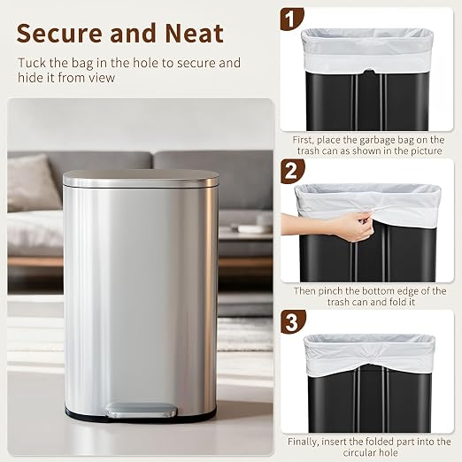 PayLessHere Trash Can with Lid, 13 Gallon (50L) Stainless Steel Kitchen & Office Recycling Bin with Foot Pedal Soft Close & Inner Bucket - Image 6