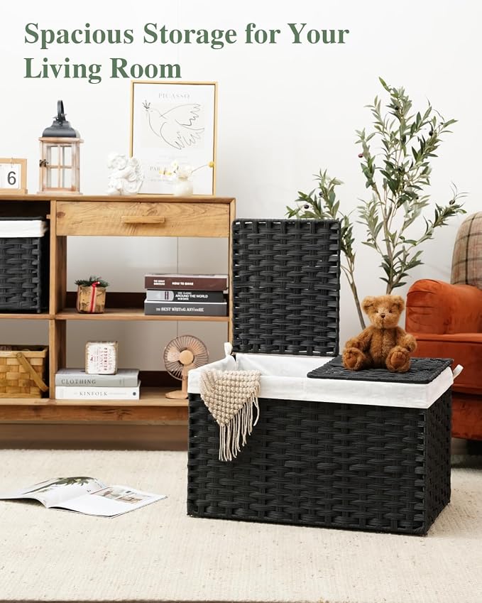 SETVSON Storage Basket with Lid Rattan Storage Basket with 2 Separate Lid, 27.8 Gallon (105 L) 25.2 * 15.4 * 16.1 Inches Woven Wicker Baskets with 2 Liners and Handles for Bedroom Laundry Black - Image 3