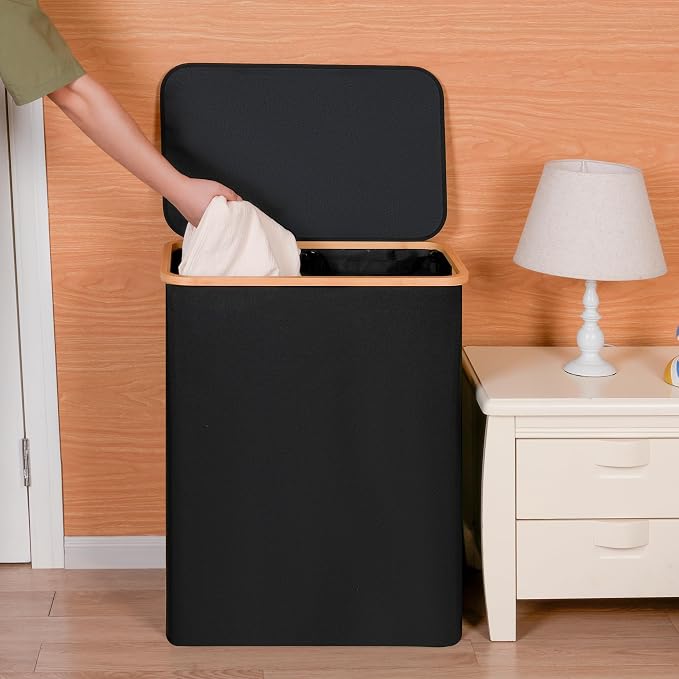 efluky Double Laundry Hamper with Lid, Divided Laundry Hamper with Removable Bags, 2 Section Dirty Clothes Basket with Handles for Bathroom, Bedroom & Laundry Room, 160L Black - Image 2