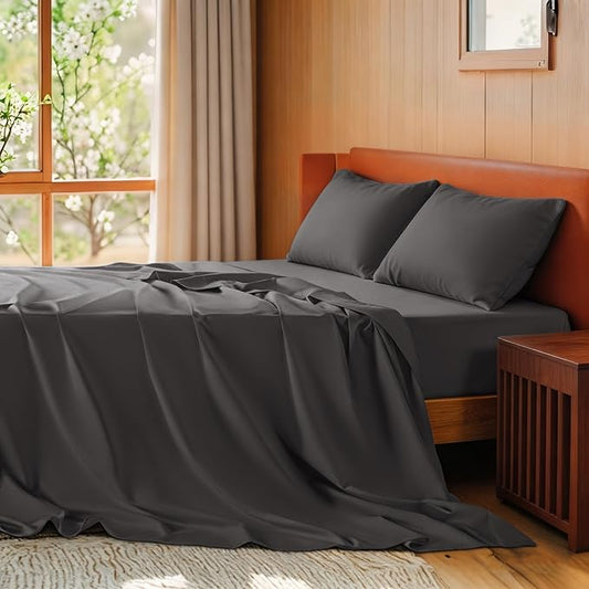 SONORO KATE 100% Egyptian Cotton Sheets King Size - 600 Thread Count, Luxury Hotel Sateen Weave Bedding Set, Soft Breathable Sheet Sets, 16" Deep Pocket - 4 PC(Dark Grey,King)