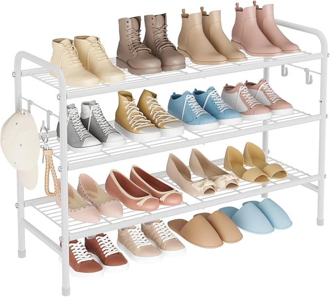 VILICK 3 Tier Shoe Rack 33" Wide Metal Shoe Organizer Long Shoe Storage with 4 Side Hooks Sturdy Shoes Shelf for Front Door Entrance, Closet, Garage, Dorm, White by VILICK