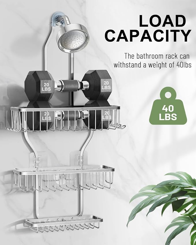 Shower Caddy Hanging - Never Rust Shower Hanging Organizer - Aluminum Over the ShowerHead Caddy with 6 Hooks for Razor/Sponge (Silver) - Image 6