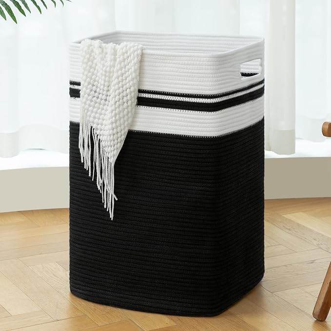 OIAHOMY 91L Laundry Hamper, XXXLarge Laundry Basket, Collapsible Cotton Rope Basket,Woven Storage Basket for Blankets,Clothes,Pillows-16x15x24-Black&white by MasterofSpaceOptimization