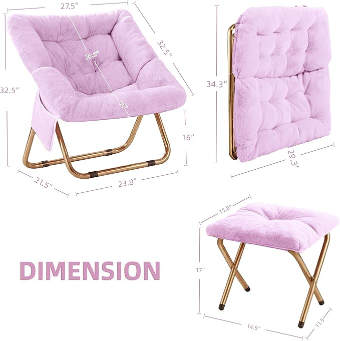 Kasunpul Comfy Saucer Chair, Foldable Living Room Chairs, Soft Faux Fur Lounge Chair for Bedroom, Reading Chairs for Adults, Teens, X-Large (Lavender)