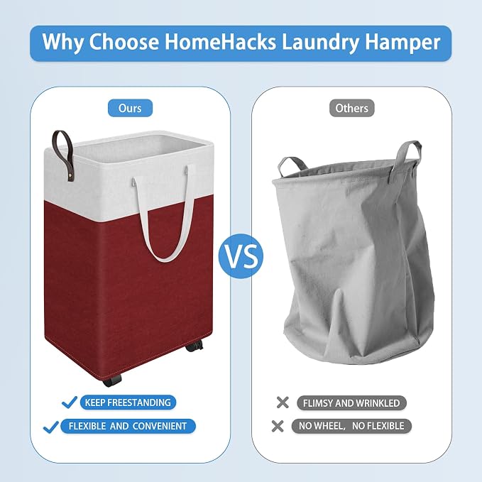 HomeHacks 90L Large - Capacity Rolling Laundry Basket, Laundry Hamper with 4 Smooth Wheels, Collapsible Waterproof Clothes Basket, Freestanding Hamper with Handles for Bedroom/Dorm/Laundry Room (Red) - Image 4