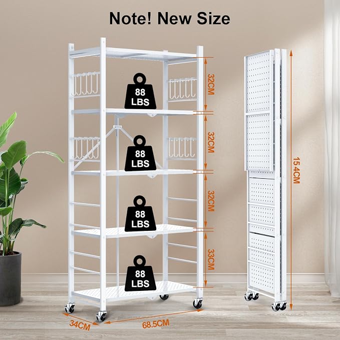 Himix Storage Shelves with 20 Hooks, 5-Tier Foldable Shelves for Storage, Collapsible Organization Rack Bookshelf 440 Ibs for Kitchen Garage Home Room, White - No Assembly - Image 3
