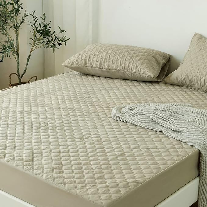 vctops Quilted Fitted Sheet Waterproof Mattress Protector Pad Ultra Soft Elastic Fitted Deep Pocket Bed Cover (Khaki,King)