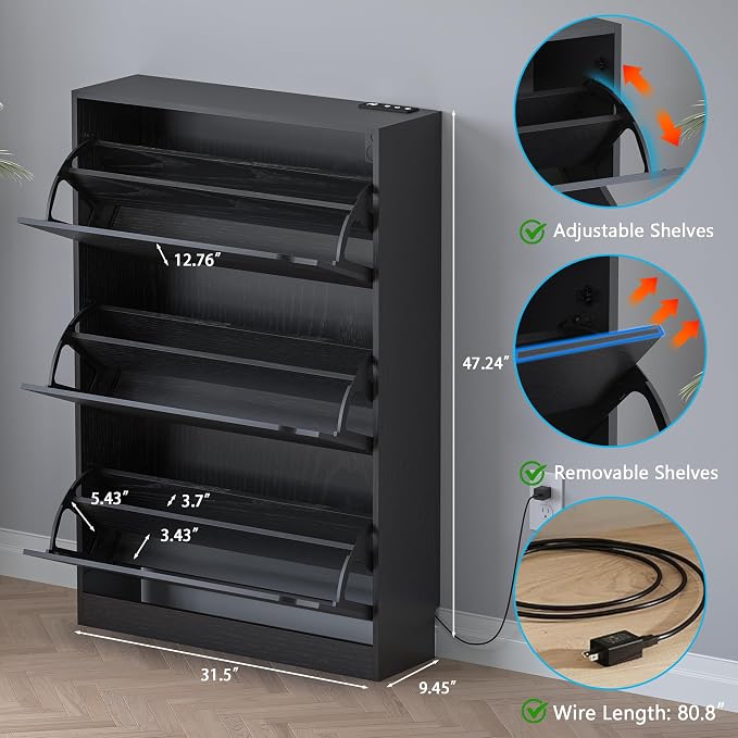 BORNOON Shoe Cabinet with Odor Control and Back Panels, Deodorizing Slim 3-Flip Shoe Storage Cabinet for Entryway, Freestanding Hidden Shoe Rack Organizer for Entrance, Hallway, Bedroom - Image 2
