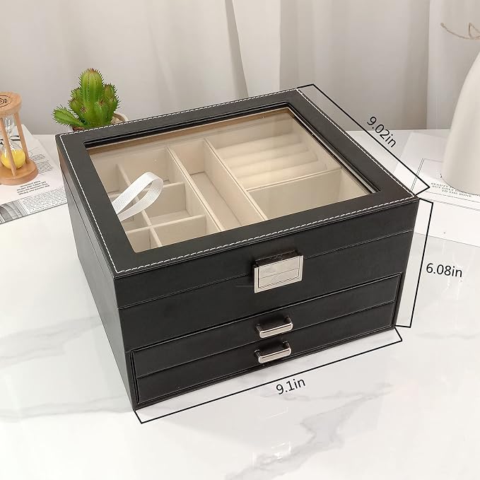BOOVO Clear Lid Jewelry Box,3 Layers Jewelry Organizer Large Multi-Functional Jewelry Storage Box with 2 Drawers,Jewelry Display Case of Rings Earrings Necklace Bracelets for Women Girls (Black) - Image 6
