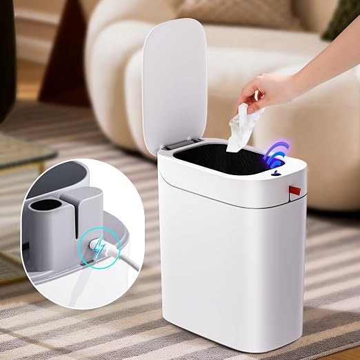 MOPUP Bathroom Trash Can, Automatic Bagging Garbage Can, 3.5 Gallon Slim Smart Small Plastic Trash Bin, Narrow Motion Sensor Trash Can for Bedroom, Office White - Image 2