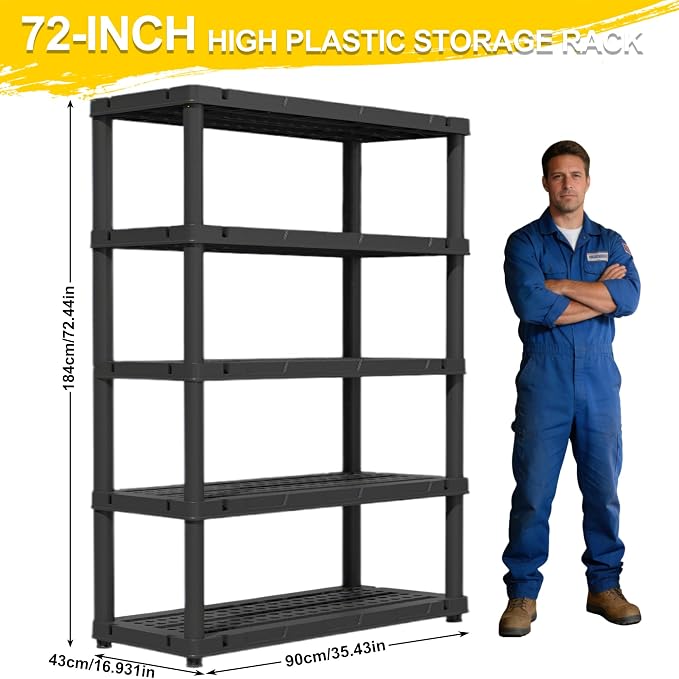 72”H Plastic Garage Storage Shelves,5-Tier Heavy Duty Plastic Shelving,700LBS Plastic Shelving Units Free Standing,for Home,Garage,Basement, Laundry,Black,16.93" Dx35.43 Wx72.44 H - Image 3
