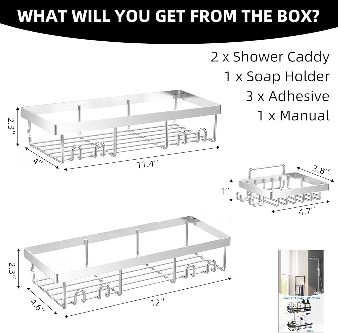Moforoco 3-Pack Shower Caddy Basket Shelf with Soap Holder, No Drilling Traceless Adhesive Shower Wall Shelves, Rustproof Silver Bathroom Shower Storage Organizer - Image 7