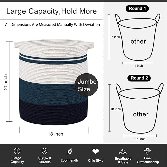 OIAHOMY 80L Laundry Baskets Hamper with Handles,Decorative Basket for Living room,Woven Storage Basket for Toys Bin,Pillows, Blankets,Clothes-20x18in-Gradient Blue - Image 4