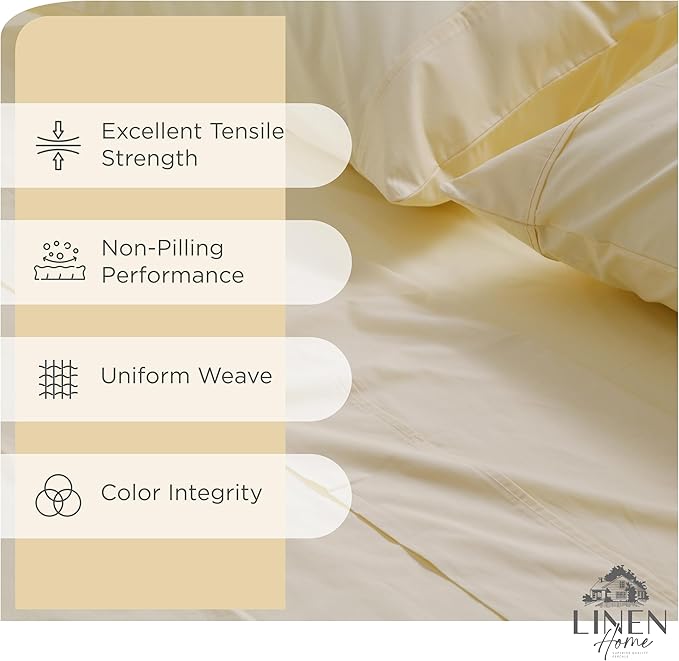 Linen Home 100% Cotton Percale Sheet Set, King Size, Ivory, Deep Pocket, 6 Pieces Set - 1 Flat, 1 Deep Pocket Fitted Sheet and 4 Pillowcases, Crisp Cool and Strong Bed Linen