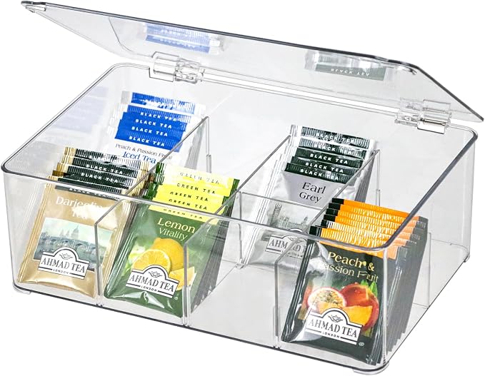 ZEXALOR Clear Tea Bag Organizer, Dresser Organizers Drawer Organzier Storage Container with Removable Dividers, Plastic Storage Bin with Lid, Organizer for Scarves Ties Bras by ZEXALOR