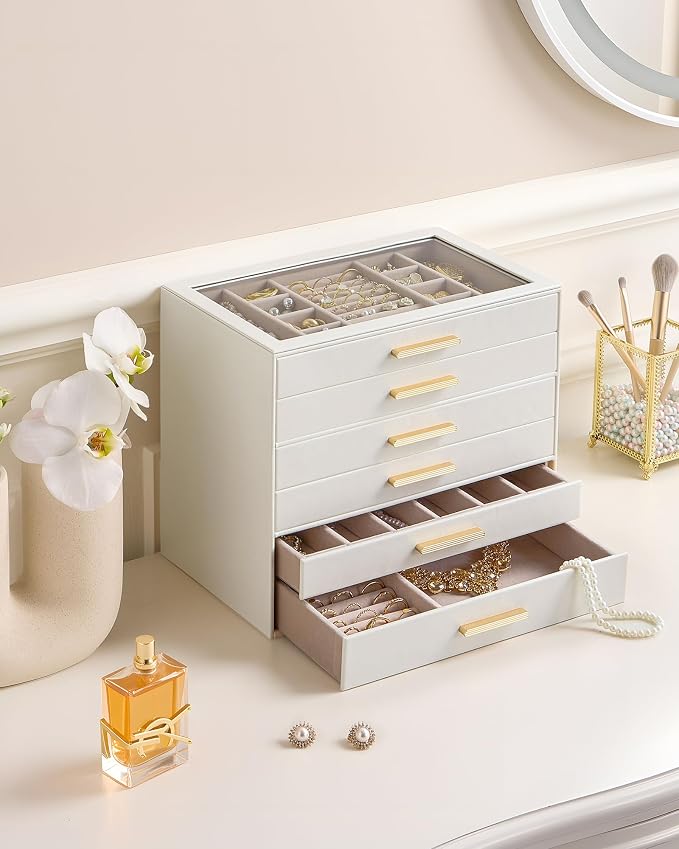 Lolalet Jewelry Box Organizer, 6-Layer Jewelry Organizers and Storage Case with Glass Lid, Ring Earring Bracelet Necklace Holder Organizer, Birthday Valentine Gifts for Women Girls -6Layer, Beige - Image 2