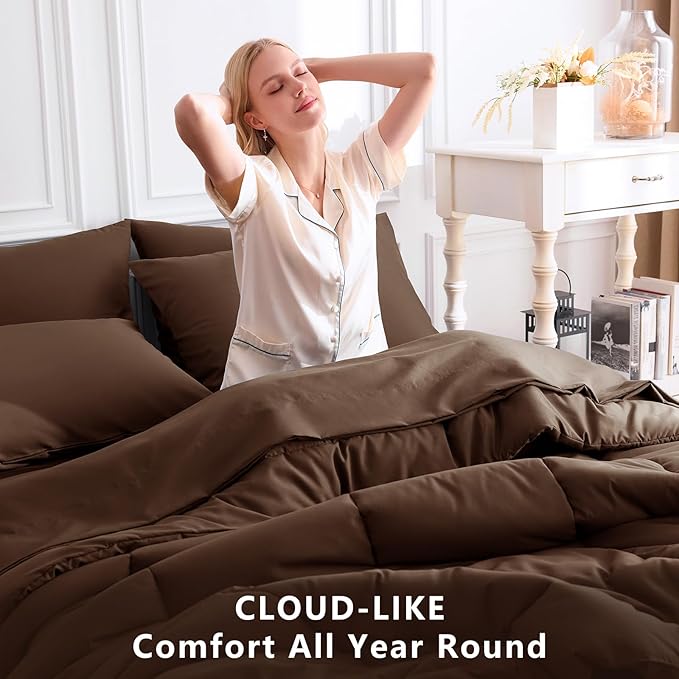 CozyLux Queen Comforter Set Brown, 7 Pieces Bed in a Bag, Brown Comforters Queen Size, All Season Bedding Sets with Stitch Quilted Comforter, Flat Sheet, Fitted Sheet, Pillowcases