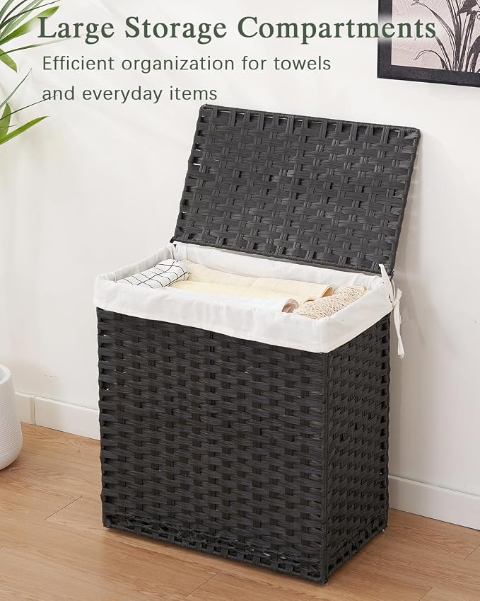 SETVSON Laundry Hamper with Lid Wicker Laundry Basket 112 L (29.6 Gal) Laundry Hampers Handwoven Rattan Clothes Hamper with Handles 3 Removable Liner Bag, 6 Mesh Bags for Bathroom Bedroom Black - Image 4