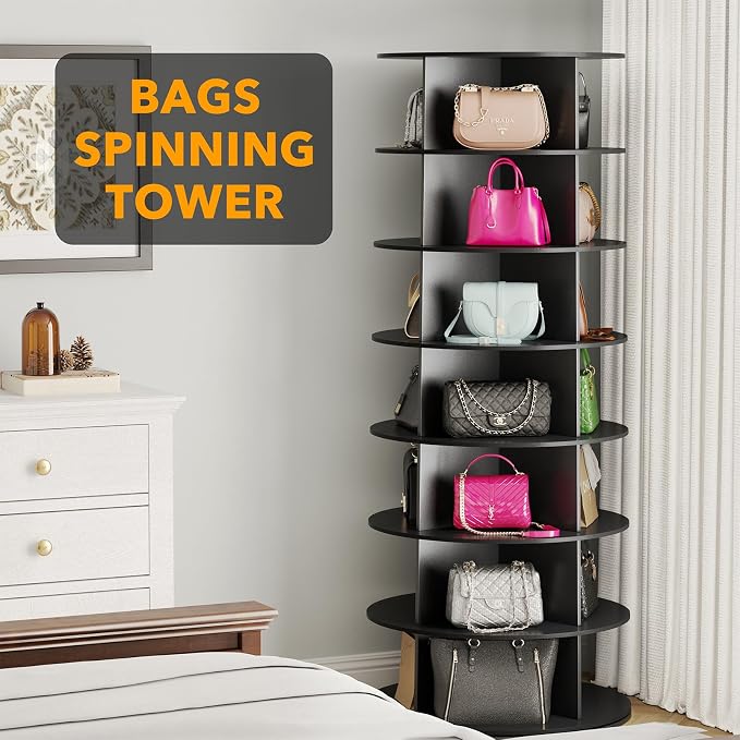 SpaceAid 7 Tier Rotating Shoe Rack Tower, Spinning Shoe Display Lazy Susan, Revolving 360 Shoe Rack Storage Round Carousel, Vertical Handbag Rotate Shoes Closet Organization (7-Tier Black) - Image 5