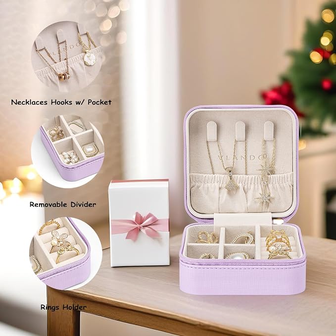 Vlando Small Faux Leather Travel Jewelry Box Organizer Display Storage Case for Rings Earrings Necklace, Purple - Image 3