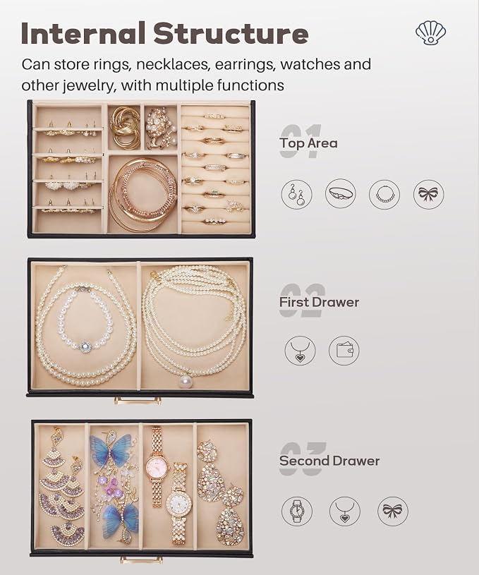 Enthralite Jewelry Box with 2 Drawers : Jewelry Display Organizer for Earrings Necklaces - Gift for Girls Women | Black - Image 5
