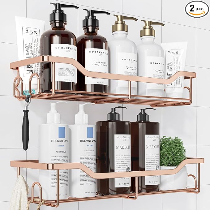 Kitsure Shower Caddy Large - Adhesive Shower Organizer, Stainless Steel Shelf for Inside Shower, No Drill Bathroom Organizers and Storage, Home Decor Accessories, 2 Pack, Rose Gold by Kitsure