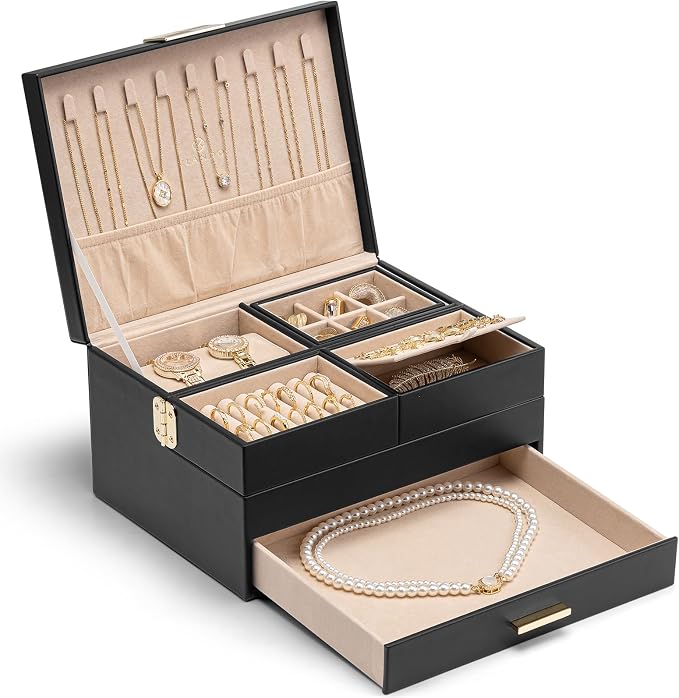 Vlando 3 Layer Jewelry Box - Women Jewelry Box with Retractable Tray - Jewelry Organizers with Drawer for Necklaces, Rings, Bracelets, Earrings, Gift for Couples Mom Girls - Black by VLANDO