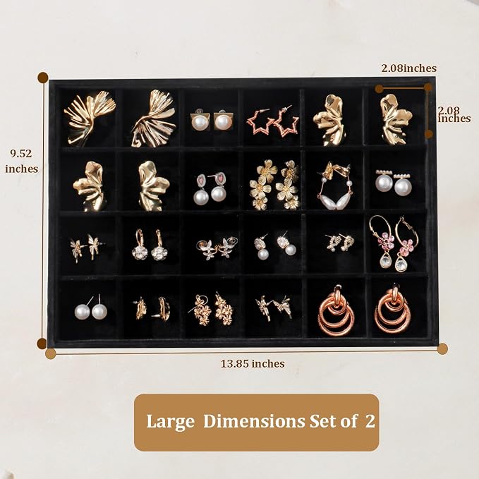 Large Velvet Jewelry Tray 2 Pack Stackable Jewelry Display Drawer Inserts Trays Organizer for Earring Bracelet Necklace Ring (Black, 24 Grids) - Image 5