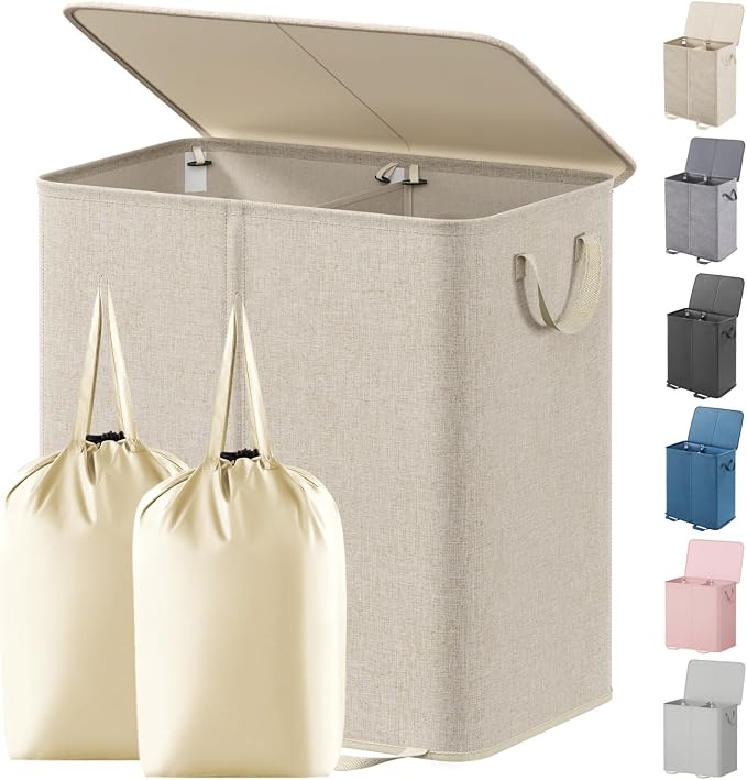 Lifewit Double Laundry Hamper with Lid and Removable Laundry Bags, Large Collapsible 2 Dividers Dirty Clothes Basket with Handles for Bedroom Laundry Room Closet Bathroom College, 136L Beige by Lifewit