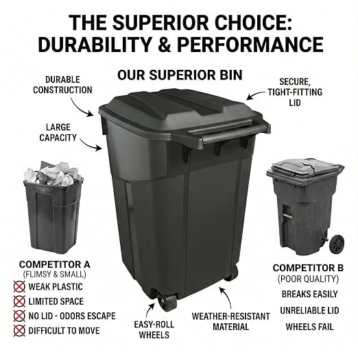 Outdoor Trash Can with Lid & Wheels, 32 Gallon Large Garbage Can for Garage & Patio, Heavy Duty Lockable Lid, Rugged Wheels & Easy Grip Handle - Image 3