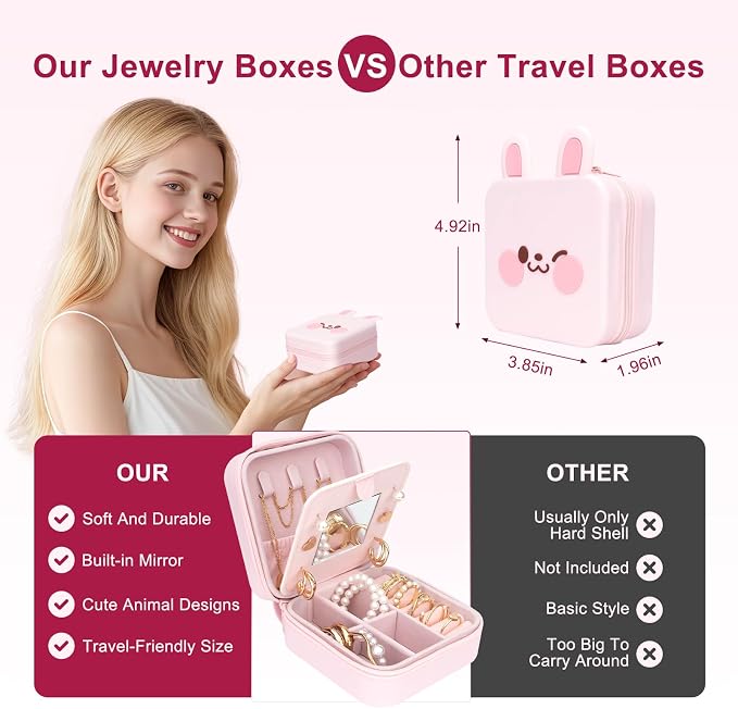 Cute Bunny Travel Jewelry Case with Mirror, Silicone Portable Mini Small Jewelry Box Organizer for Women Girls Mom, Wedding, Birthday Gift - Pink - Image 3