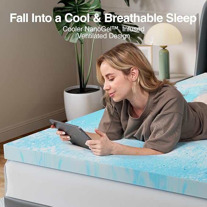 Novilla Queen Memory Foam Mattress Topper 2 Inch, Cooling Gel Infused, Ventilated Pressure Relief Pad, Soft Comfort for Sofa, RV, Camper, Dorm Room