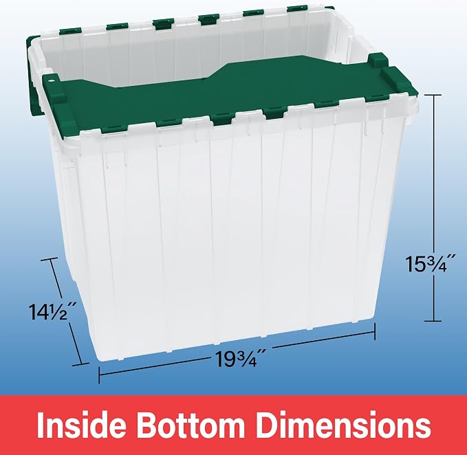 Akro-Mils KeepBox 18 Gallon Storage Container, Nesting and Stackable Plastic Storage Box with Lid Attached, Clear Tote for Garages, Closets, and Moving, 21" x 15" x 17", Clear/Green, 3-Pack - Image 6