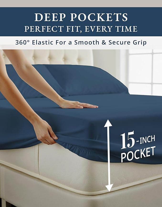 LANE LINEN 100% Egyptian Cotton Twin XL Sheet Sets, 15 inch Deep Pocket Fully Elasticized French Reinforced Pocket Seams for Soft, & Fresh Bed Eco Friendly Cooling Sheets Twin XL - Estate Blue